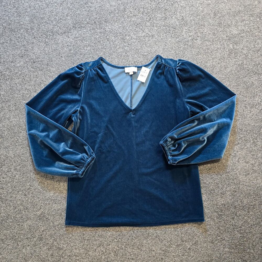 LOFT Top Womens Size Small Blue Velour Velvet V Neck Long Sleeves Capsule Career